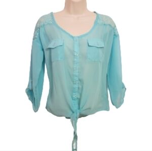 Deb Button Tie Front Chiffon Lace Collar Blouse Aqua Medium